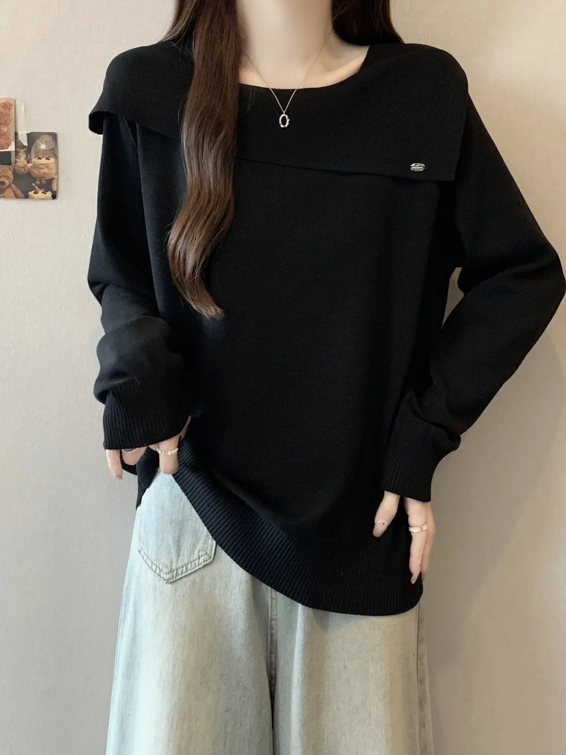 سترة نسائية محبوكة بمقاس كبير فضفاضة وياقة مربعة للتخسيس طويلة Sve للخريف والشتاء أنيقة كورية مريحة...