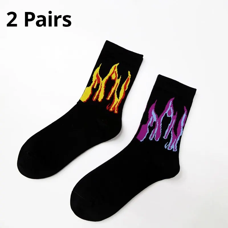 2 Pairs European And Purple Flame Tube Cotton Socks Male Japanese Couples Skateboard Socks Street