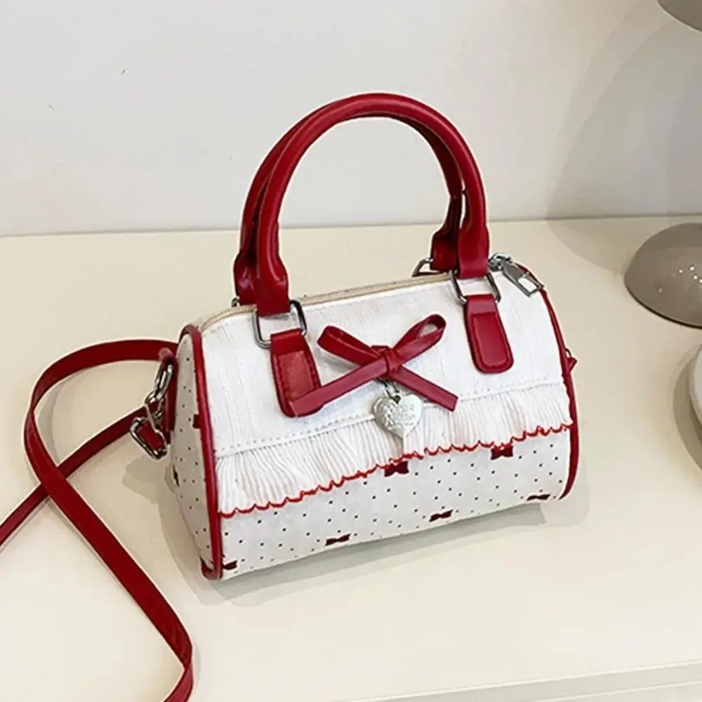 

PU Leather Lolita Crossbody Bag Dot Pattern Sweet Bow PU Leather Handbag Pillow Shape Ruffle Design Pillow Handbag for Women
