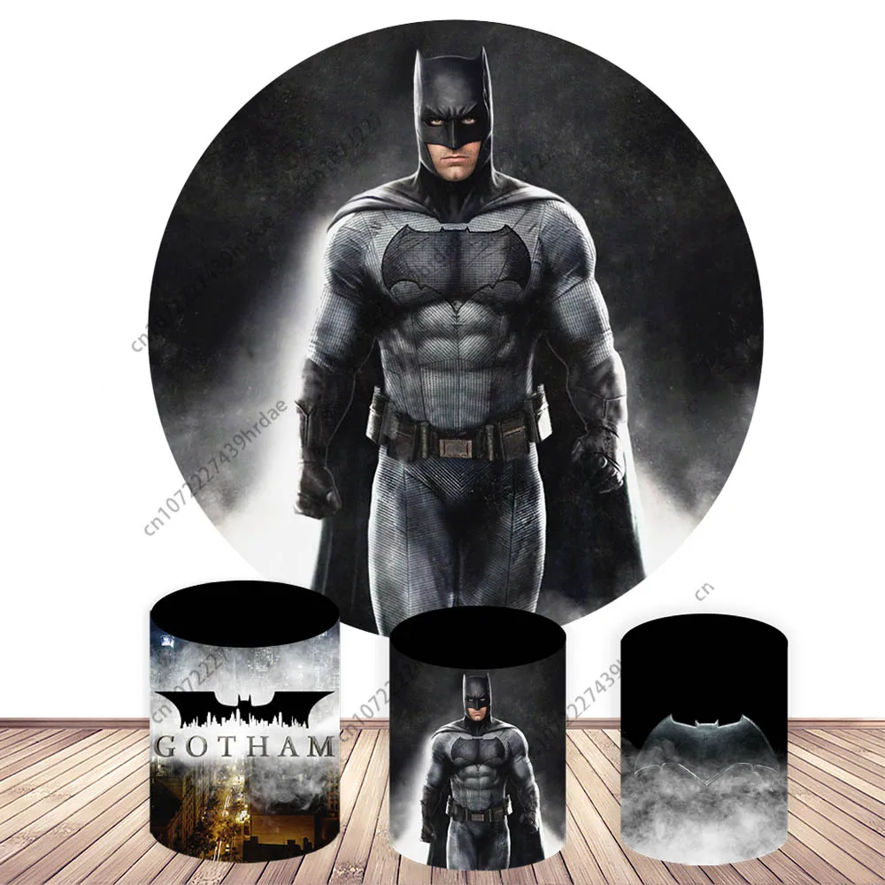 Superhero Batman Backdrop Round Cover Boy Children Birthday  Party Background Bat Night Knight Cylinder Elastic Decor Banner