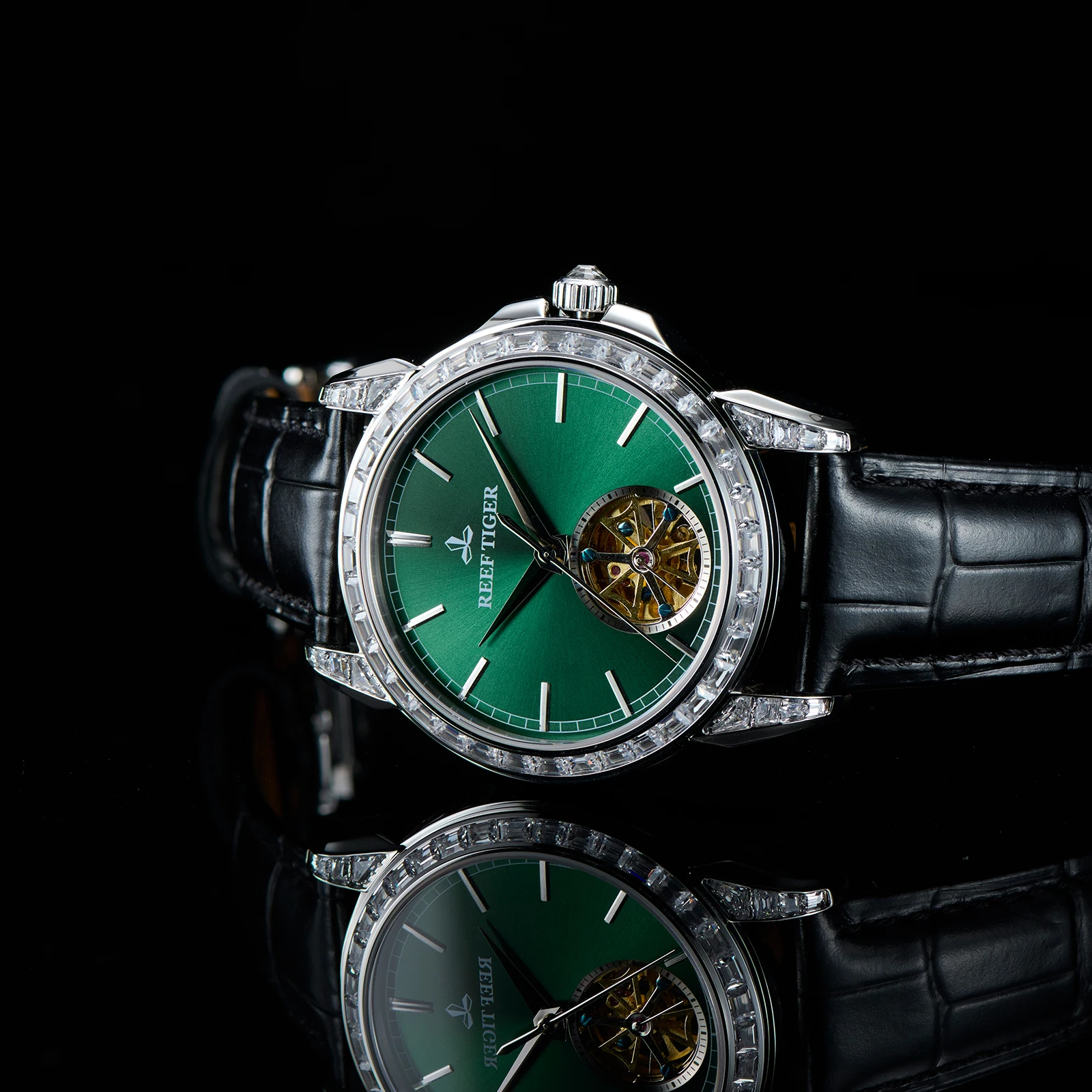ريف تايجر للرجال 316L الفولاذ المقاوم للصدأ الزركون الحافة توربيون ساعة أوتوماتيكية فريدة من نوعها الأخضر الهاتفي الجلود ساعة ميكانيكية RGA1904
