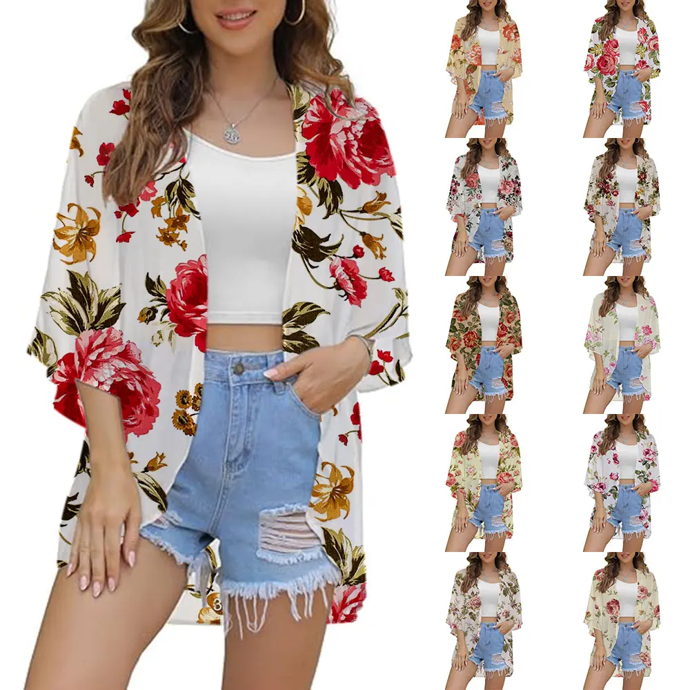 Kimono da donna in Chiffon con stampa floreale bohémien mantelle con scialle cappotto Kimono estivo in Chiffon copricostume Cardigan top Beach Party