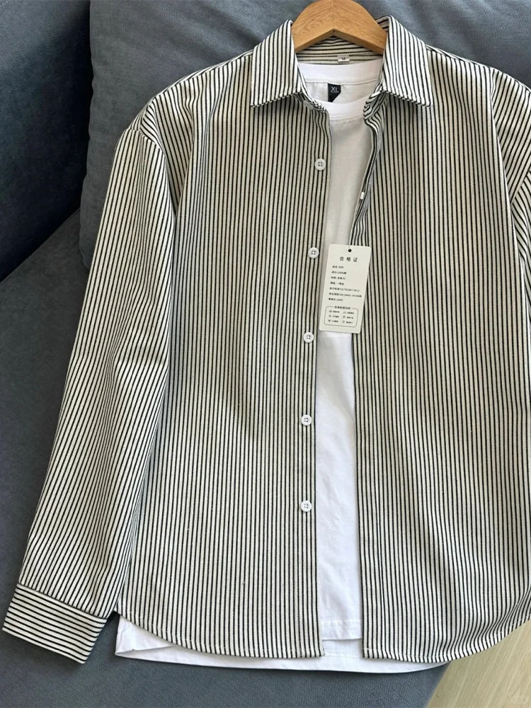 

Men's Long Sve Striped irt Casual Loose Outerwear Vintage Japanese Sle Layering irt Bla White Vertical Stripes