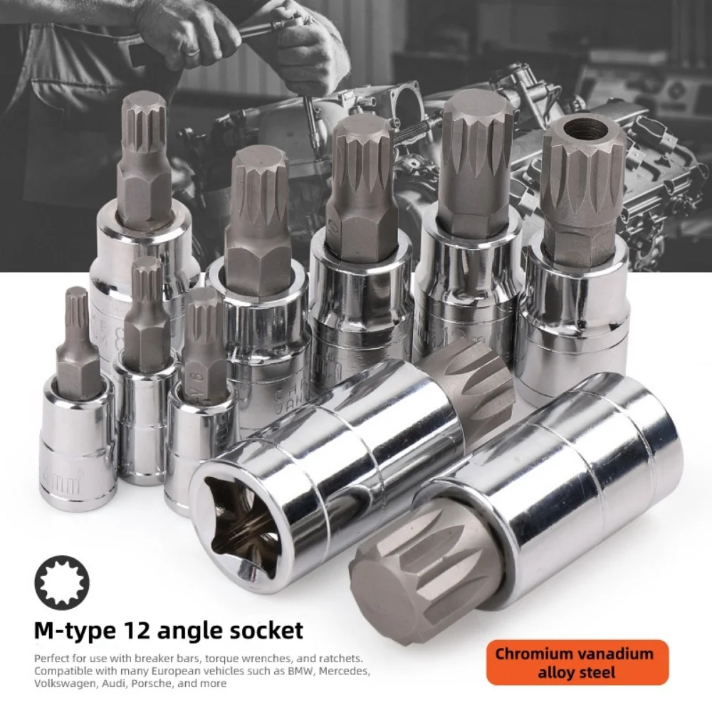 3 Drive Sizes 1/4 3/8 1/2 M-Type 12-Point Spline Socket Set 10Pcs Hex Bit Sockets for Professional Automotive Repair Tool Kit