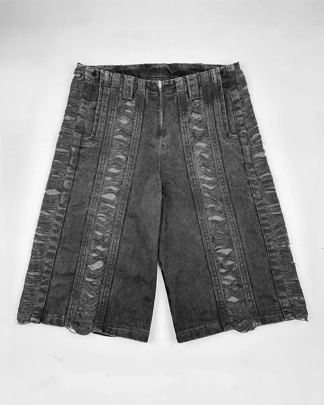 Shorts jeans góticos retrô com buracos lavados para homens, calça streetwear hip hop, calção casual de ginástica moletom preto, novo patchwork, Y2K