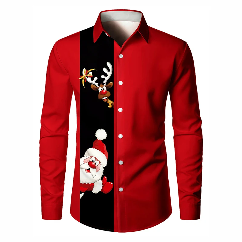 เสื้อเชิ้ตแขนยาวลายซานตาคลอสสุดฮาสำหรับเทศกาลคริสต์มาส เสื้อผ้าผู้ชายสำหรับงานปาร์ตี้ครอบครัว สไตล์ลำลอง ติดกระดุม แฟชั่นคริสต์มาส 2026