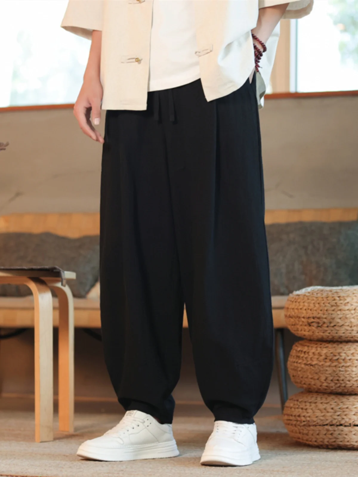 

Loose Wide Leg Pants Men's Summer New Chinese Sle Harem Pants Linen Cotton Loose Fit Youthful Energy Nine Points Casual Wear
