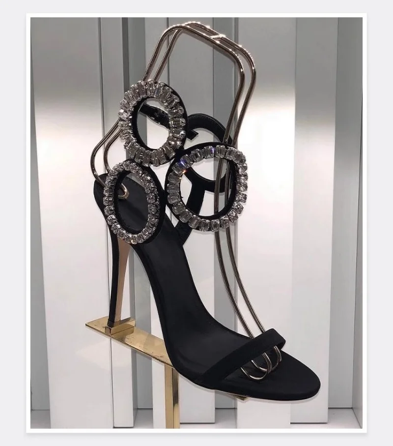 

Spring 2025 New Women's High Heels Rhine-diamond Decorative Round Toe Thin Heel Elegant Sexy Dress Wedding Roman Sandals