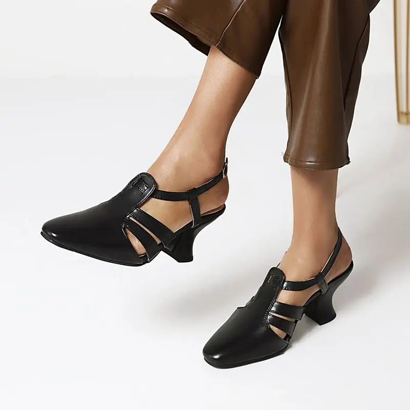 SIMLOVEYO 2025 Fashion Daily Sandals for Women Square Toe High Heels 7cm Buckle Strap Plus Size 41 42 43 Vintage Female Shoes