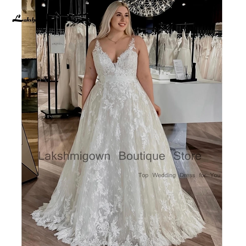 Lakshmigown Plus Size Braut Spitze Brautkleider 2024, Vestidos, elegante Braut-Boho-Hochzeitskleider, V-Ausschnitt, Illusion, Knöpfe hinten