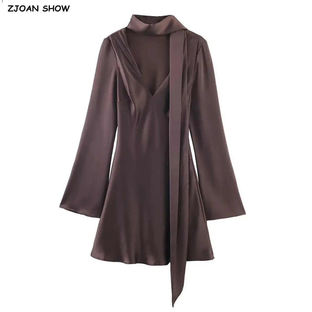 New Spring Autumn Elegant Lacing Up With Scarf V Neck Satin Dress Women Flare Long Sleeve A-line Mini Dresses Femme Vestidos