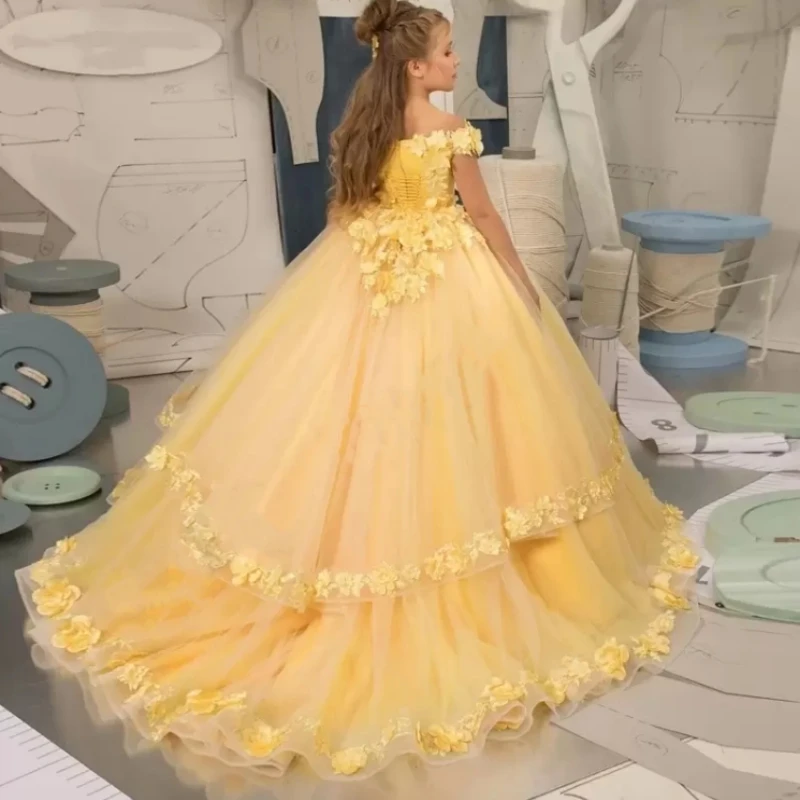 Precioso vestido de flores para niña, apliques mullidos, primera comunión, cumpleaños, boda, desfile, regalos de noche para niños, 2023