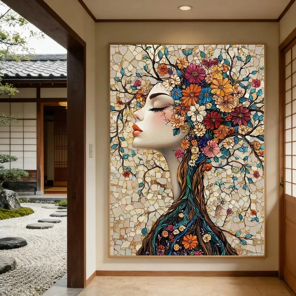 2D Flaches Mosaik Baum des Lebens Blumengöttin Leinwandgemälde Schöne Frauen Blumenporträt und Bäume Poster Druck Heimdekoration – Detail 5