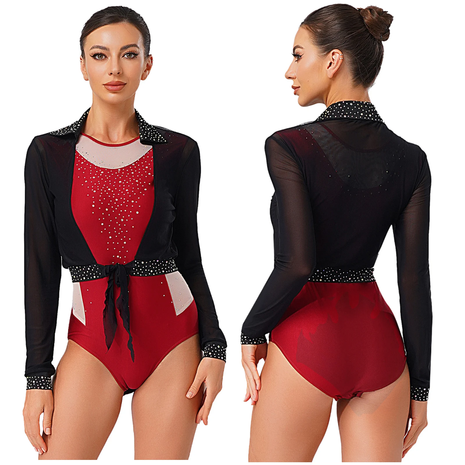 

Women Dance Gymnastics Ballet Outfits Figure Skating Performance Costume Set Sleeveless Bodysuit and Crop Cardigan Dancewear