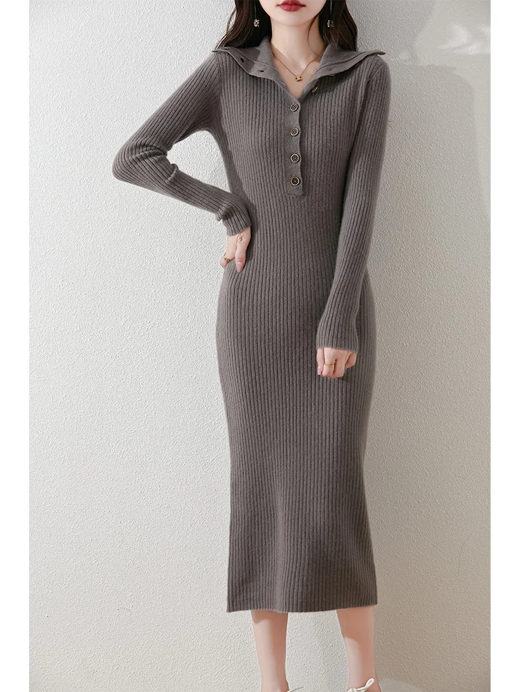 Autumn Winter Women Sweater Wool Dress Mock Neck Pullover Skirt 100% Merino Wool Knitwear Buttons Style Cashmere Chic Slim Skirt