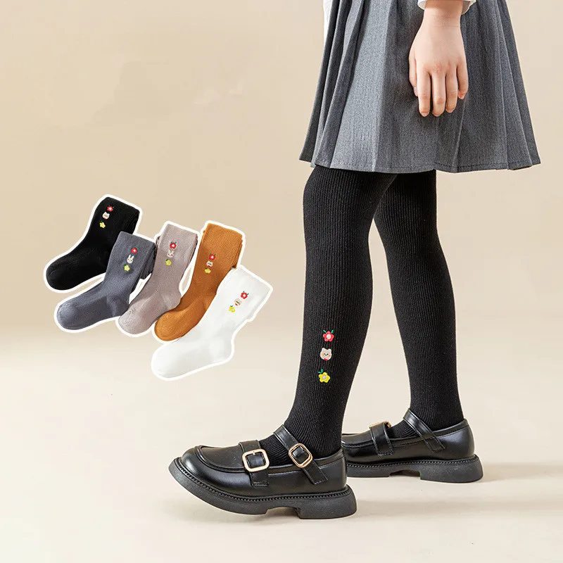 Spring Solid Color Knitted Children's Pantyhose Cotton Double Needle Girls' Tight Pants Cute Animal Cartoon Girls' Wear Leggings
