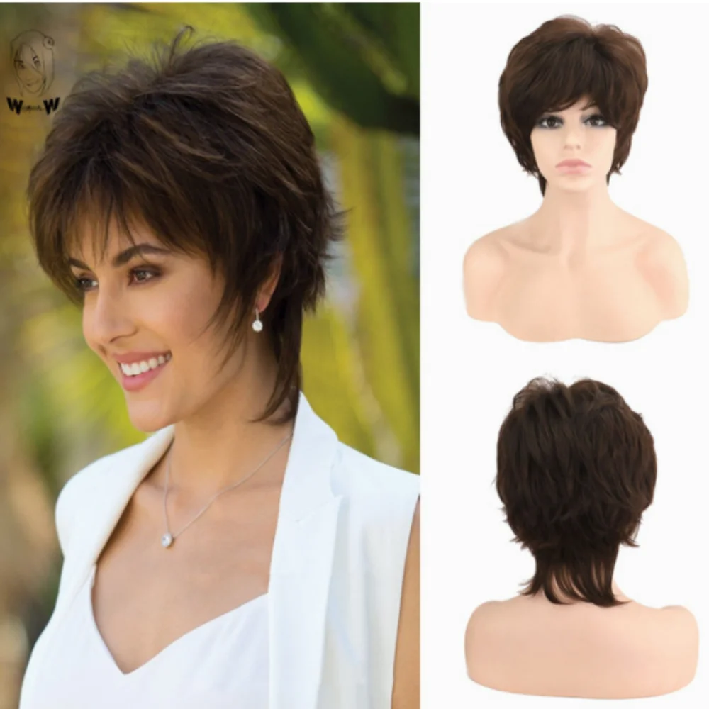 Women Short Hair Women Synthetic Wigs Mixed Gray White Pixie Cut HighLights Hair Wig Heat Resistant Fiber Wigs