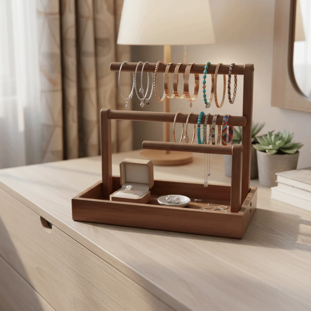 

Solid Wood Jewelry Stand Retro Style Multi-Layer Design Ring Earring Necklace Display Large Size With Hook Jewellery Organizer