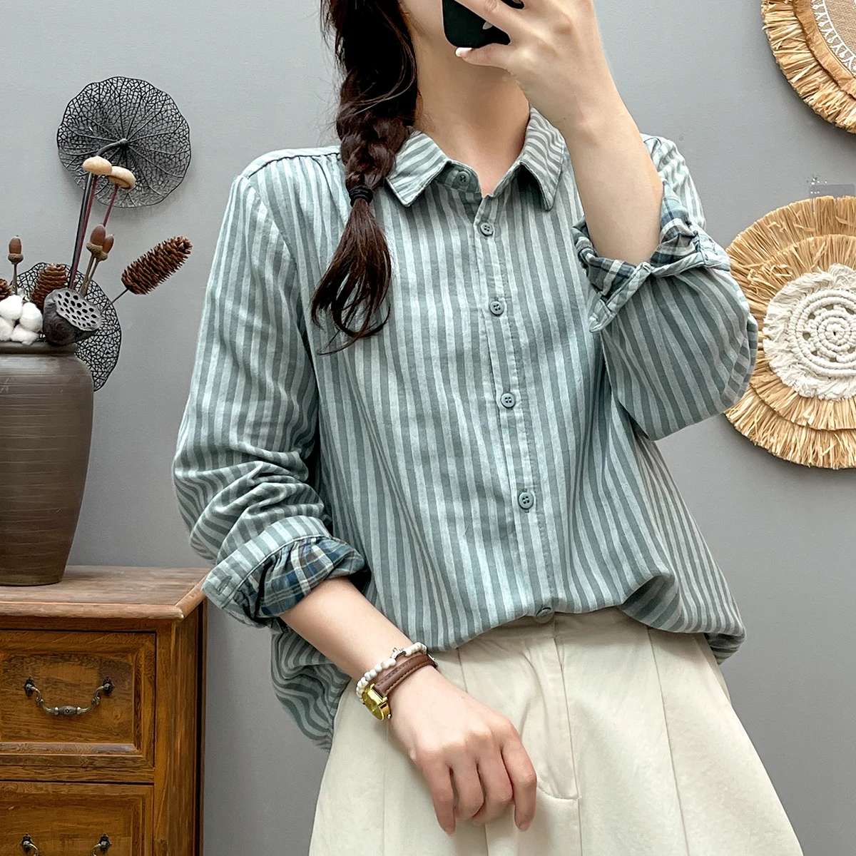 New Spring Cotton Yarn Casual Long Sleeve Shirt Women Lapel Striped Top Girl Loose Fashion Retro Blouses 2024 Summer T45856QM