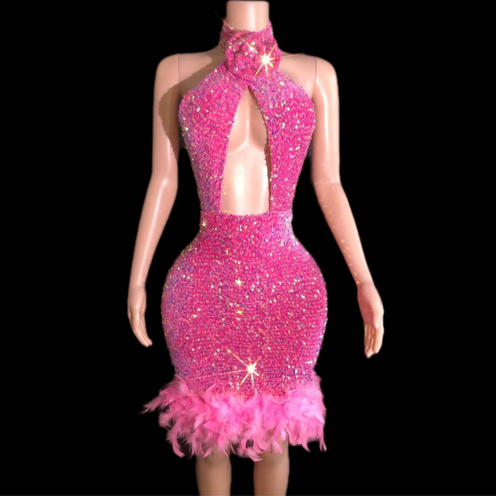 Summer New Arrival Sexy Hollow Out Halter Pink Color Sequin Feather Hemline Dress Celeb Birthday Evening Party Dinner Dress