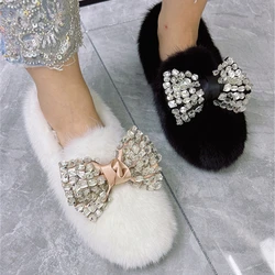 Crystal Bowknot Women Flats Casual White Moccasins Ladies Driving Shoes Winter Warm Mink Fur Creepers Zapatos Mujer Loafers