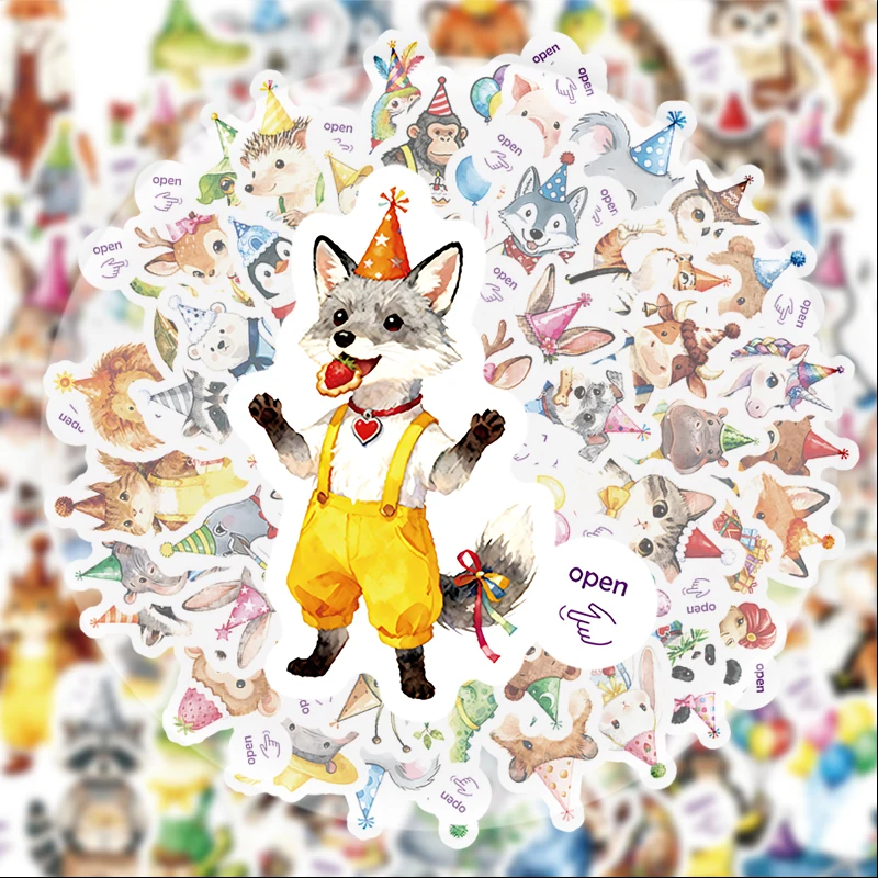 50 Animal Birthday Hat Stickers, Suitable for Water Bottles, Laptops, Phone Decorations, Suitcases, Skateboards, Guitars, Gift Boxes, Party Decorations, Holiday Gifts