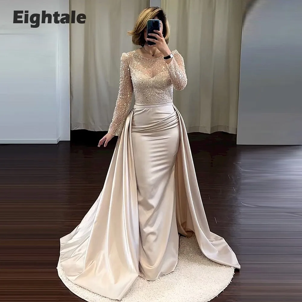 Eightale Luxury Evening Dresses for Women 2023 with Detachable Skirt Shiny Champagne Long Sleeves Satin Mermaid Party Prom Gown