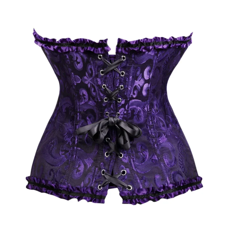 Damen-Overbust-Korsett, Vintage-Jacquard, Rüschen, Schleife vorne, Busk hinten, Schnürung, Taillenformer, Freizeit-, Party- und Alltagskleidung – Detail 22