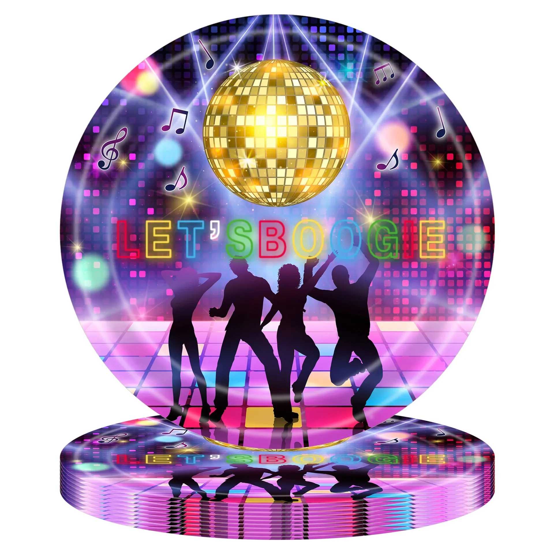 8Guests Purple Disco Party Disposable Tableware Let's Boogie Paper Plate Fashion Adult 80s 90s Hot Music Happy Birthday Party