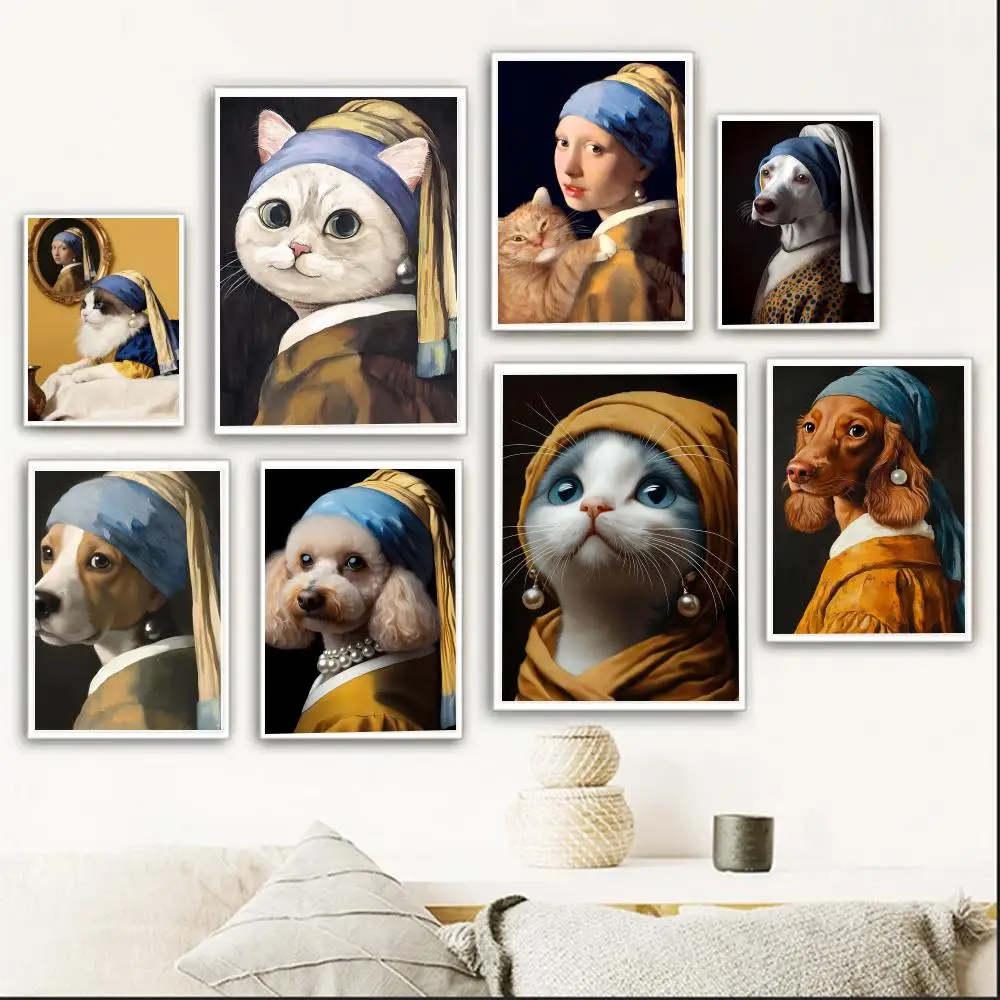 Whimsical Artistic Cat Dog Wearing A Pearl Earring Poster retro art living room decoration bar Promotional