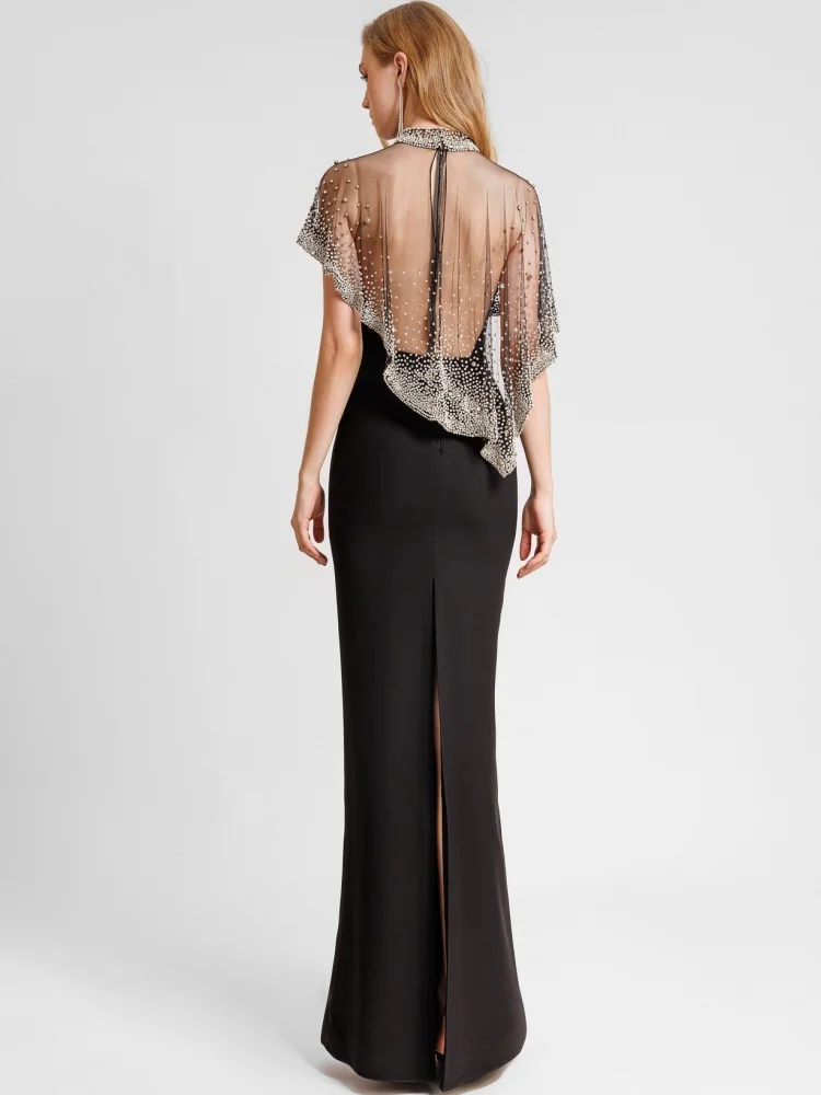 Elegant ชุดราตรีสีดํา SHEER Beaded Cape คอสูงชุด Maxi อย่างเป็นทางการสําหรับผู้หญิง Rhinestone - Embellished PARTY Dresses