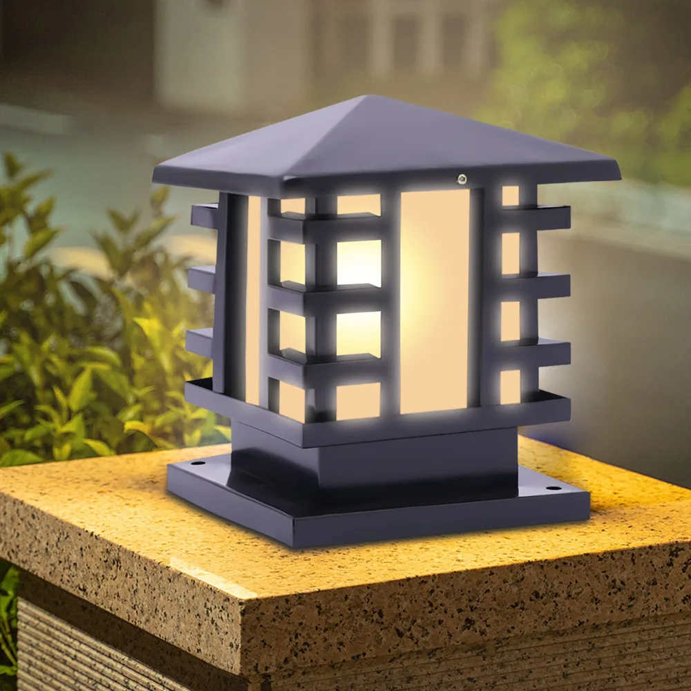 Bymaocar AC 110 V-240V Black Retro Pillar Light Garden Waterproof Patio Yard Gate Post Lamp Outdoor Lighting Fixture 27*23*23cm