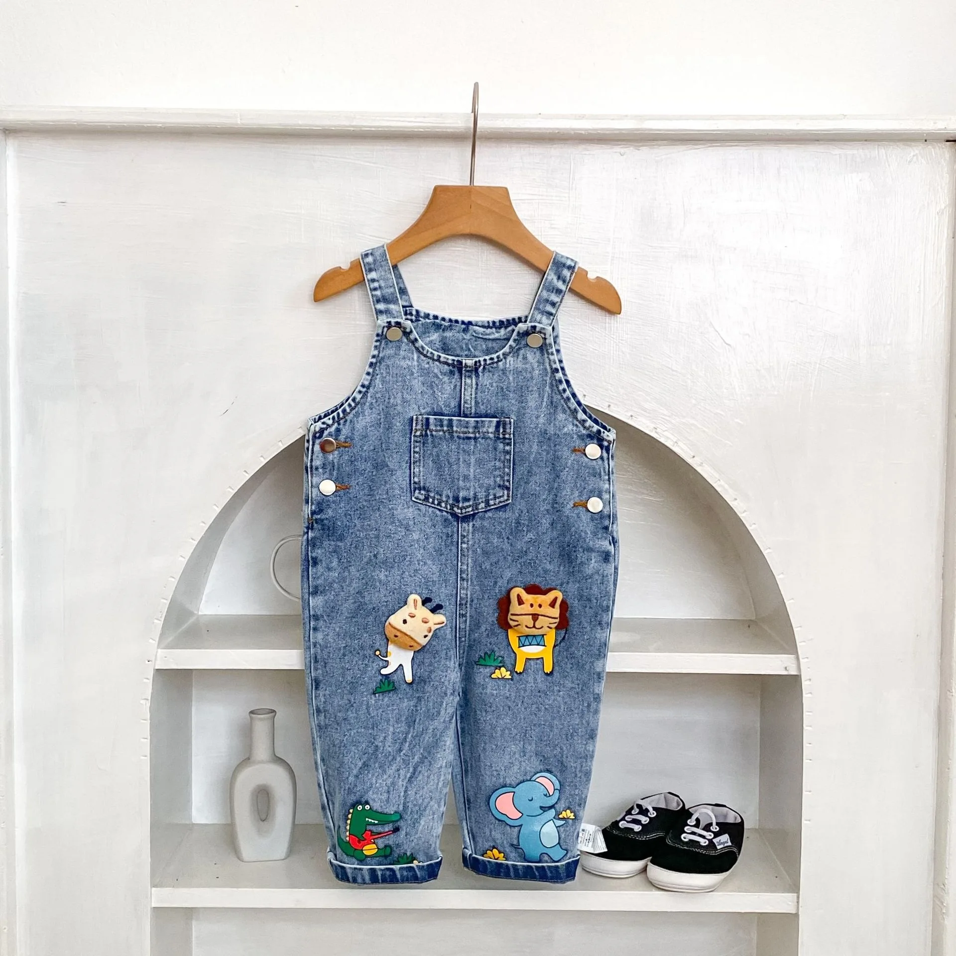 Baby Boys and Girls Autumn New Cartoon Animal Pattern Printed Cowboy Strap Pants Pocket Pants