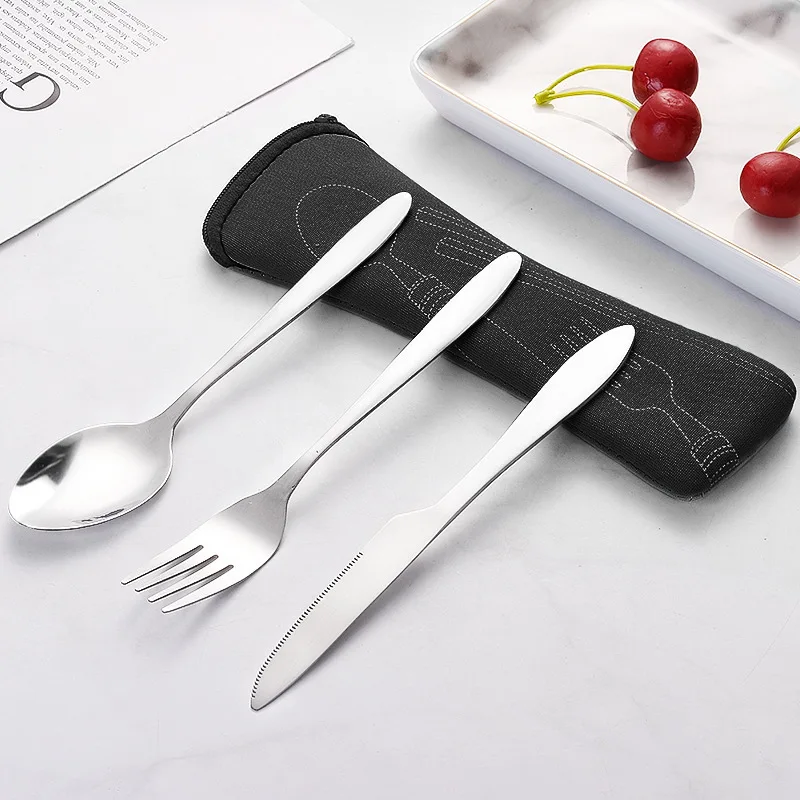 3Pcs/set Tableware Stainless Steel Cutlery Set Knife Fork And Spoon  Dinnerware  Case Travel Camping Accessories With Portable