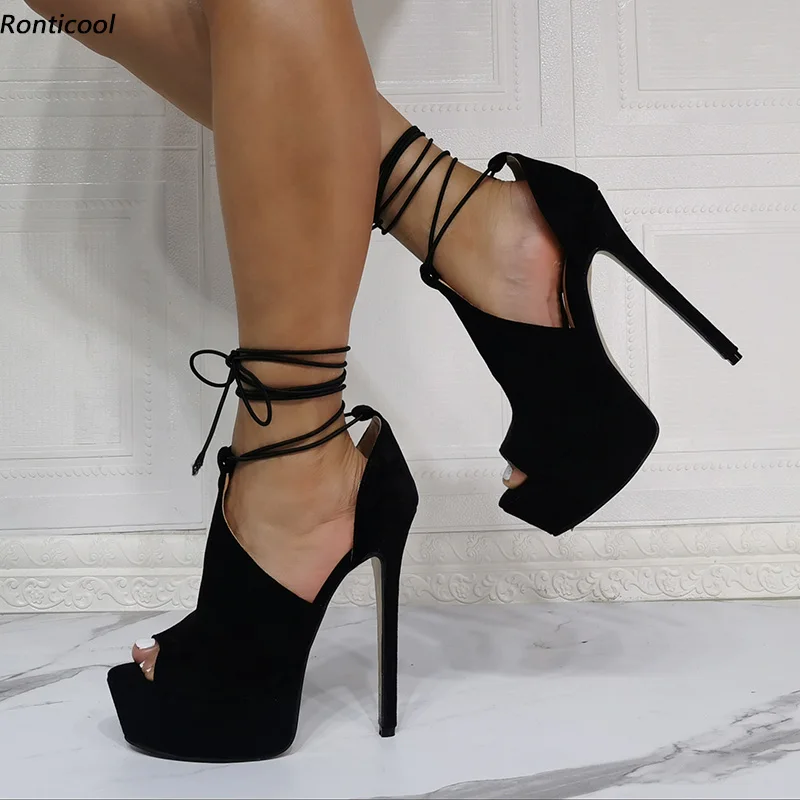 Ronticool New Handmade Women Platform Summer Sandals Ankle Strap Stiletto Heel Open Toe Classic Black Party Shoes US Size 5-20