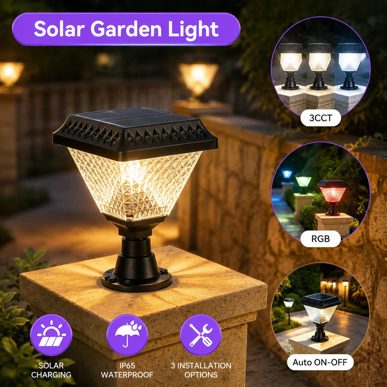Solar Post Cap Light IP65 Waterproof LED Outdoor Pillar Lamp Remote Control Adjustable CCT RGB Color Changing Plastic Lighting view 6