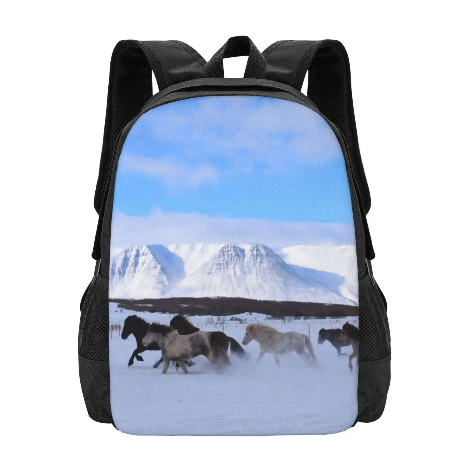 Icelandic Horses Running In The Snow Teen College Student Backpack Pattern Design Bags Snow Winter Cold Icelandic Horses Gallop