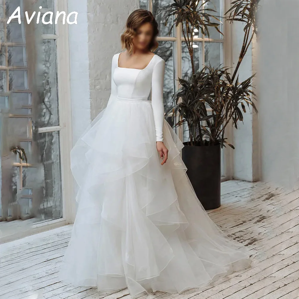 

Customized Elegant Long Ball Gown Wedding Dresses Square Neck Floor-Length Sweep Train Bridal Dress Women Vestidos De Novias