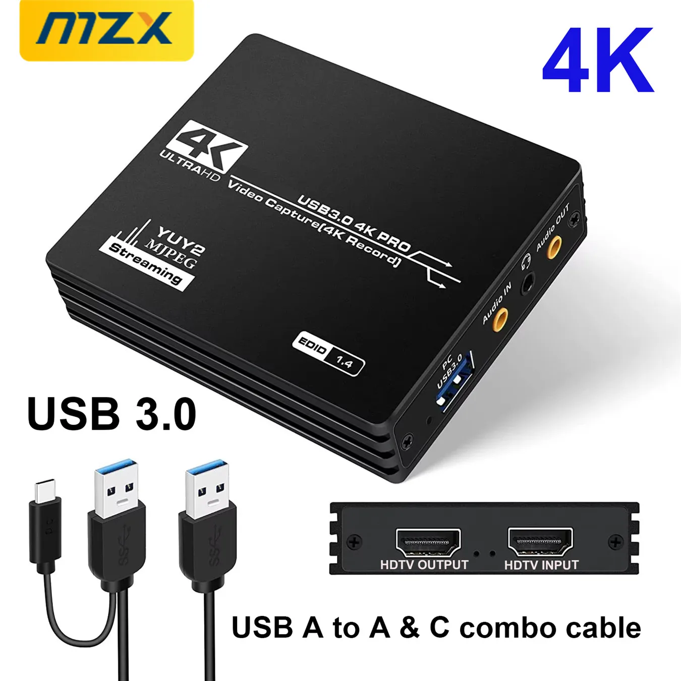 MZX Video Capture Card Board USB 3.0 4K HDMI-compatible A Type C 60fps 1080P Loop-Out 30Hz Recorder Grabber Audio OBS Game Live