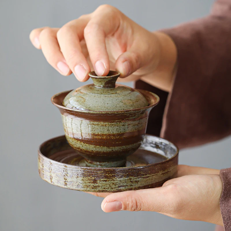 

Japanese Vintage Ceramic Coffee Cup Saucer with Lid Stoneware Bowl Home Kung Fu Tea Set Teacup Table Top Latte