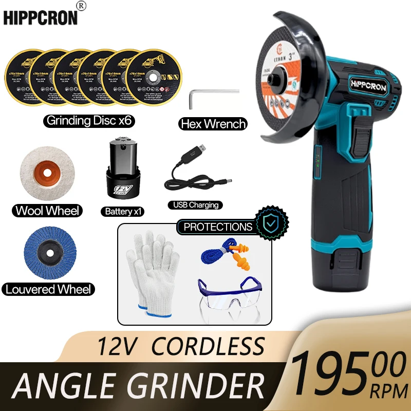 Hippcron 12V Electric Angle Grinder Cordless 19500rpm Lithium Battery Polishing Machine for Cutting/grinding/planing