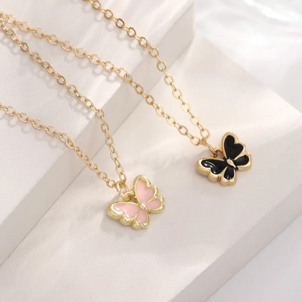 A Set Pink Butterfly Bracelet Necklace Sets For Women Simple Girls Sweet Charm Trend Minimalism Enamel Jewelry Birthday Gift