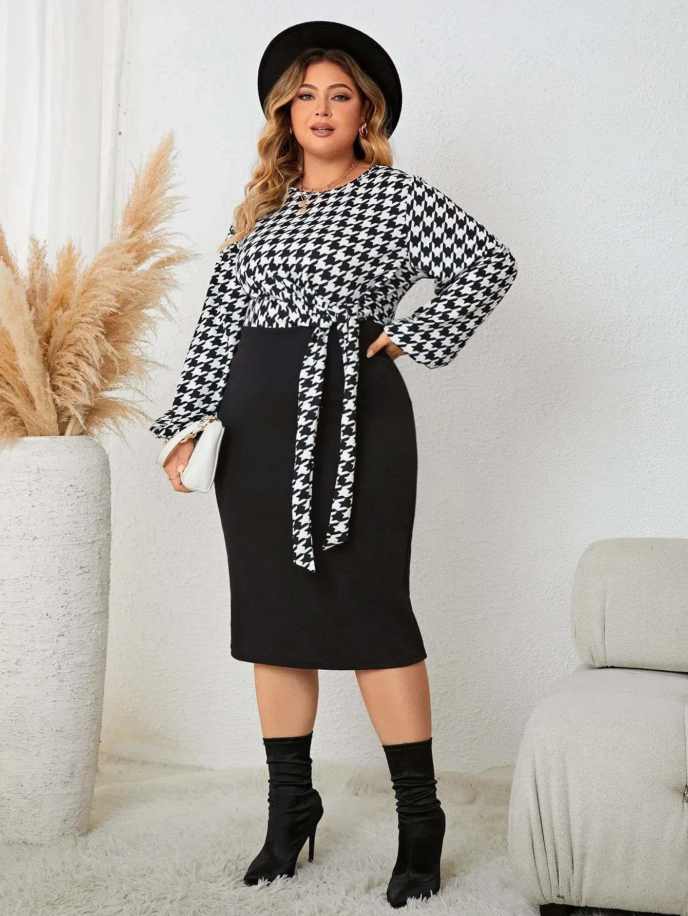 Plus Size Houndstooth Women Dresses Color Block Long Sleeves Lace-Up Robe O Neck Fall Sprimg Bodycon Dress Oversized Cloth