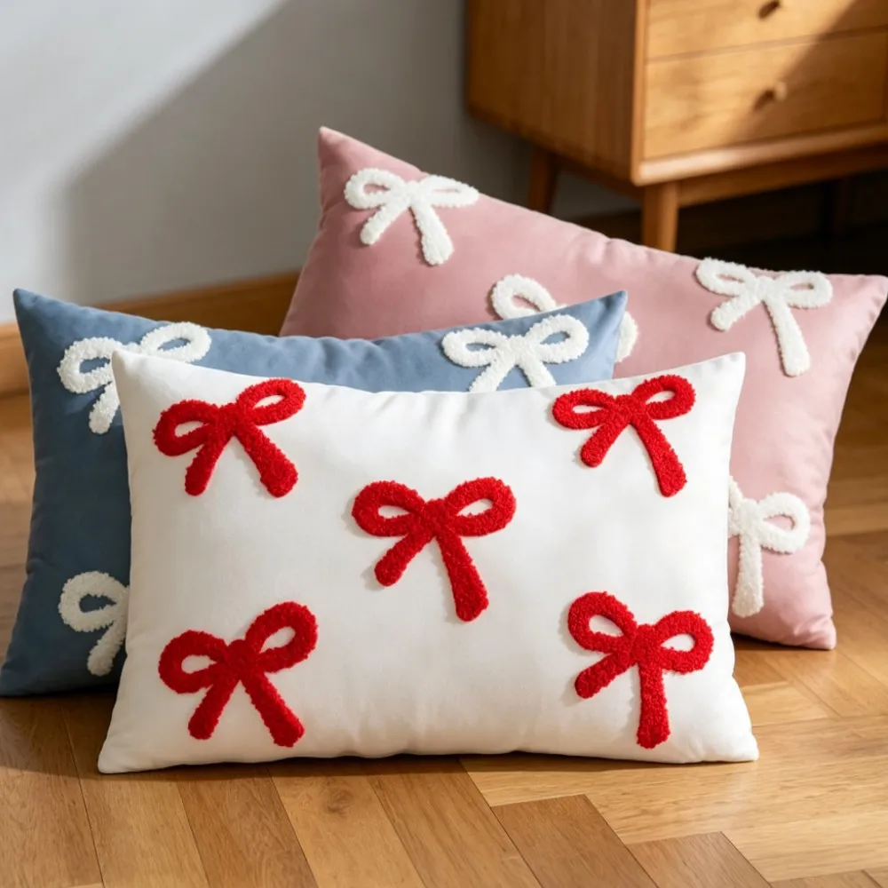 Pink Red Bow Patterned Throw Pillowcase Cute girl's Bedroom Living Room Sofa Cushion Cover Home Saddle Decor 30x50cm 45x45cm
