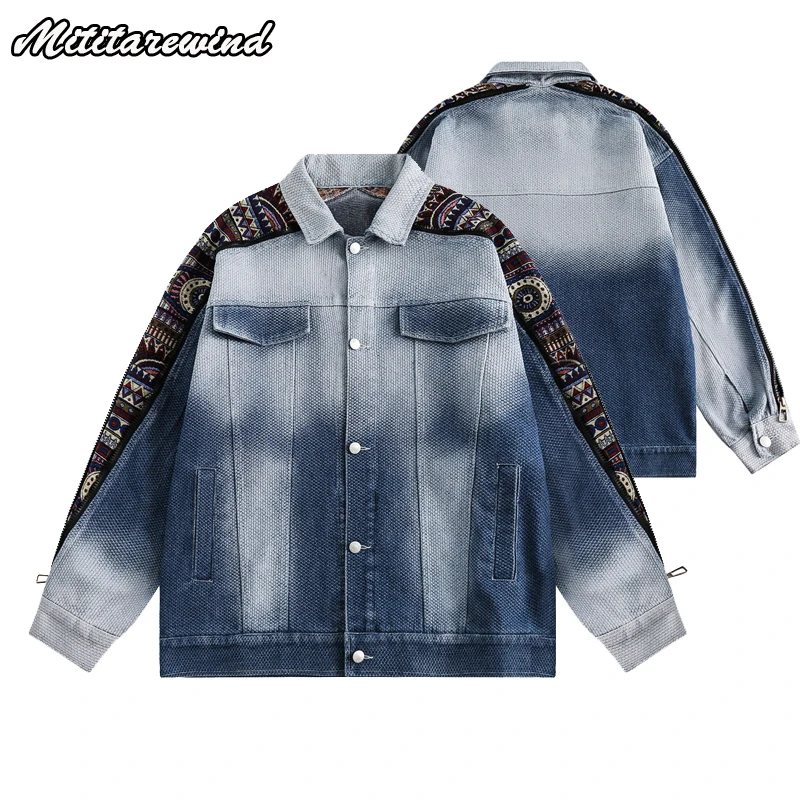 

Washed Vintage Ethnic Style Patchwork Denim Jacket Men Streetwear Casual Loose Y2k Single Breasted Youth Jeans Jackets Outwear