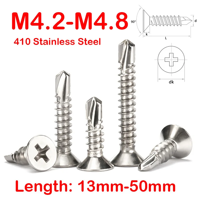 

410 Stainless Steel M4.2 M4.8 Cross Countersunk Head Screw Phillips cut-off Slotted Self-Tapping Drill Tail Screws L=13mm-50mm