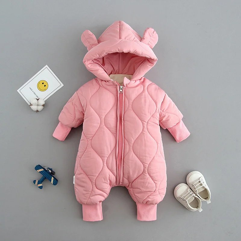 Newborn Down Jumpsuit Thicken Cotton No-Clean Rompers Boys Girls Solid Hooded Onesie Fleece Warm Bodysuit Winter 0-2 Years