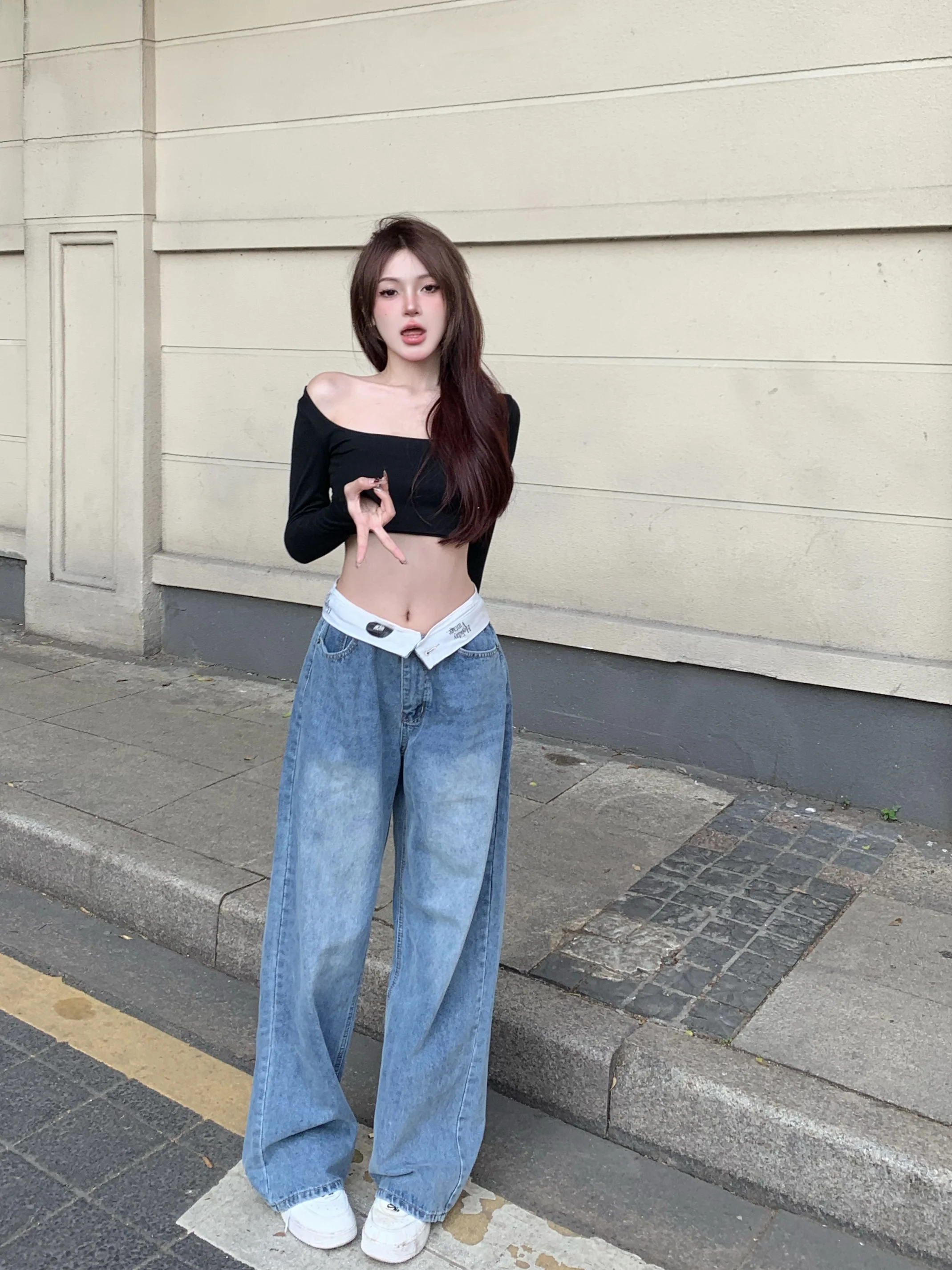 American Retro Cuffed Denim High Waist Wide Leg Pants Women's Fall Slimming Straight Cut Long Trousers Casual Blue Jeans