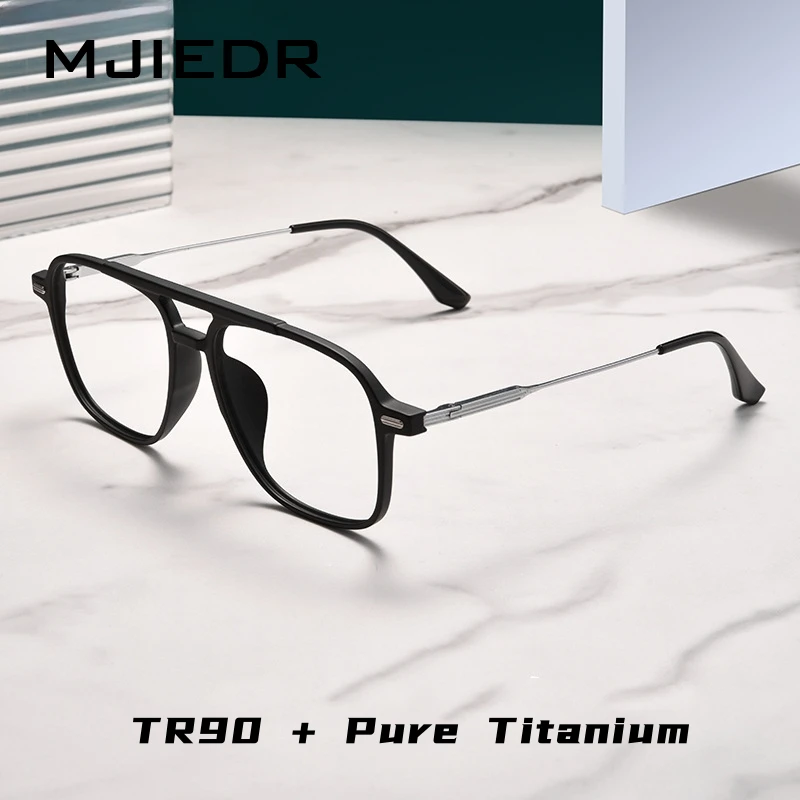 

MJIEDR Fashion Comfortabl TR90 Double Beam Big Eyewear Women Retro Pilot Pure Titanium Optical Prescription Glasses Frame Men