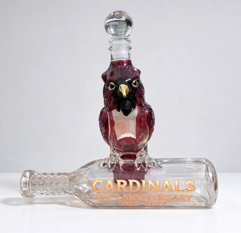Unique Animal Baseball Theme Whiskey Decanter, Hand Crafted Glass Spirit Bottle, Cardinal Bird Sculpture Liquor Container